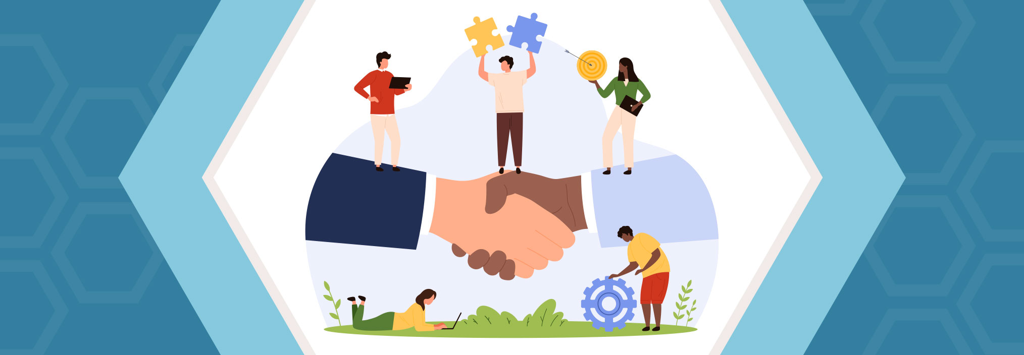 Illustration of a large handshake with small people holding puzzles, a target, a laptop, and a gear around it.