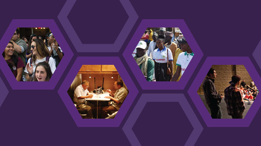 A collage of diverse people in hexagon frames against a purple geometric background.