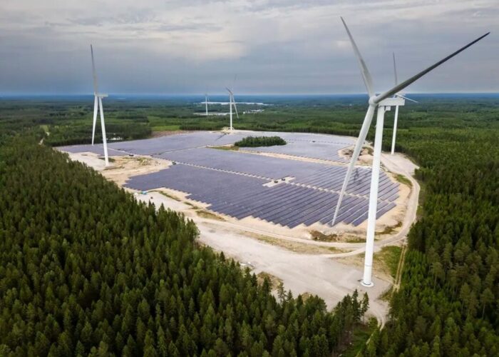 Hybrid solar-wind park, surrounded by trees, from European Energy in Sweden