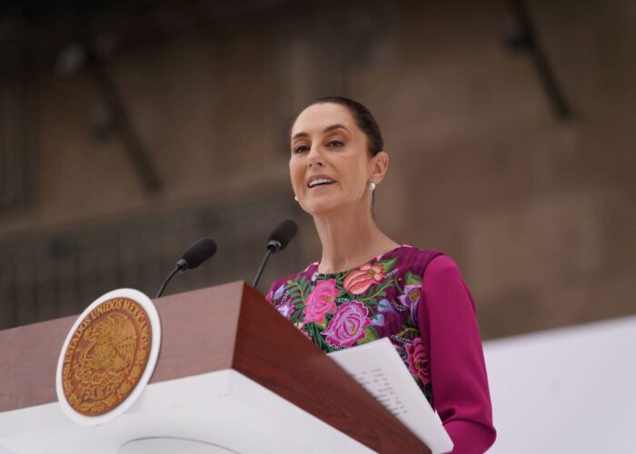Mexico's president Claudia Sheinbaum at a conference for her 100 days in presidency