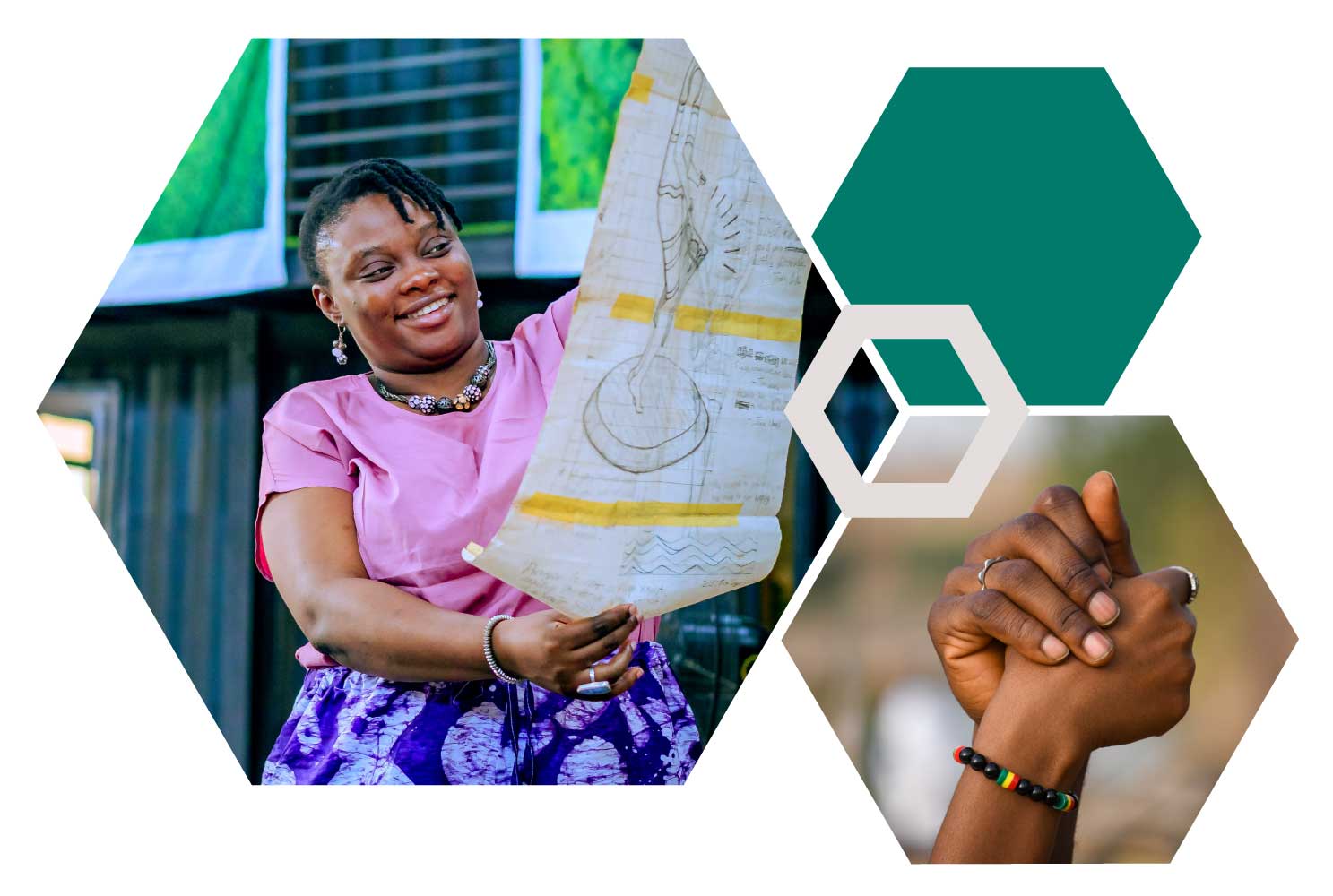 hexagon collage with smiling woman holding up a large drawing, green hexagon, and two hands grasped together