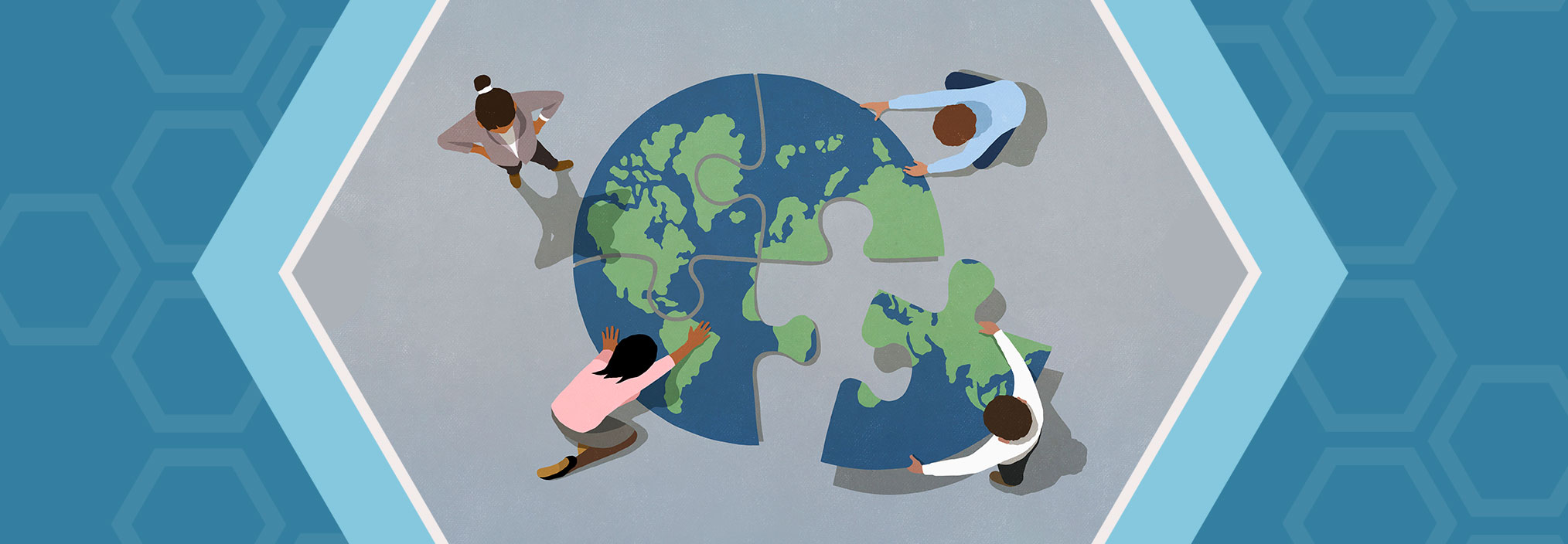 A wide illustration of four diverse individuals working to piece together a puzzle of the earth. 