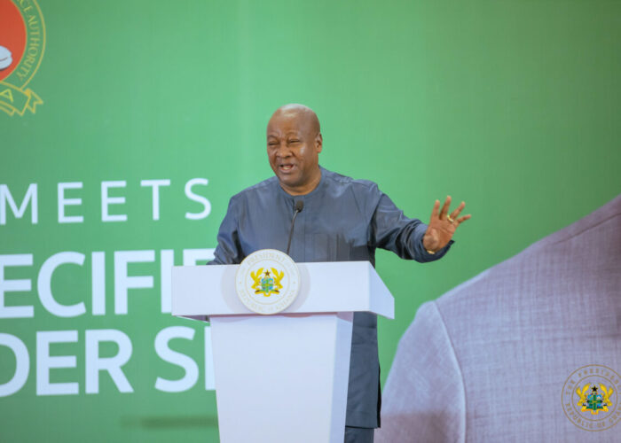 Ghanaian president John Dramani Mahama delivers a speech.