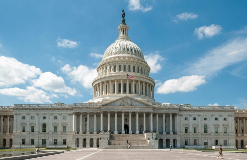 Front side of the United States Capitol building in Washington DC.